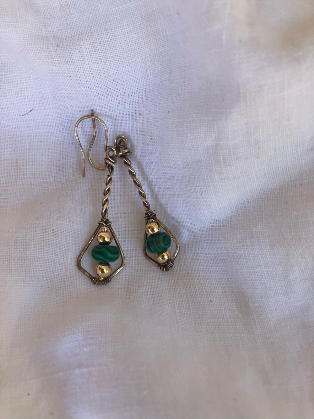 Handcrafted Green Malachite & Goldtone Oxidized Dangle Earrings